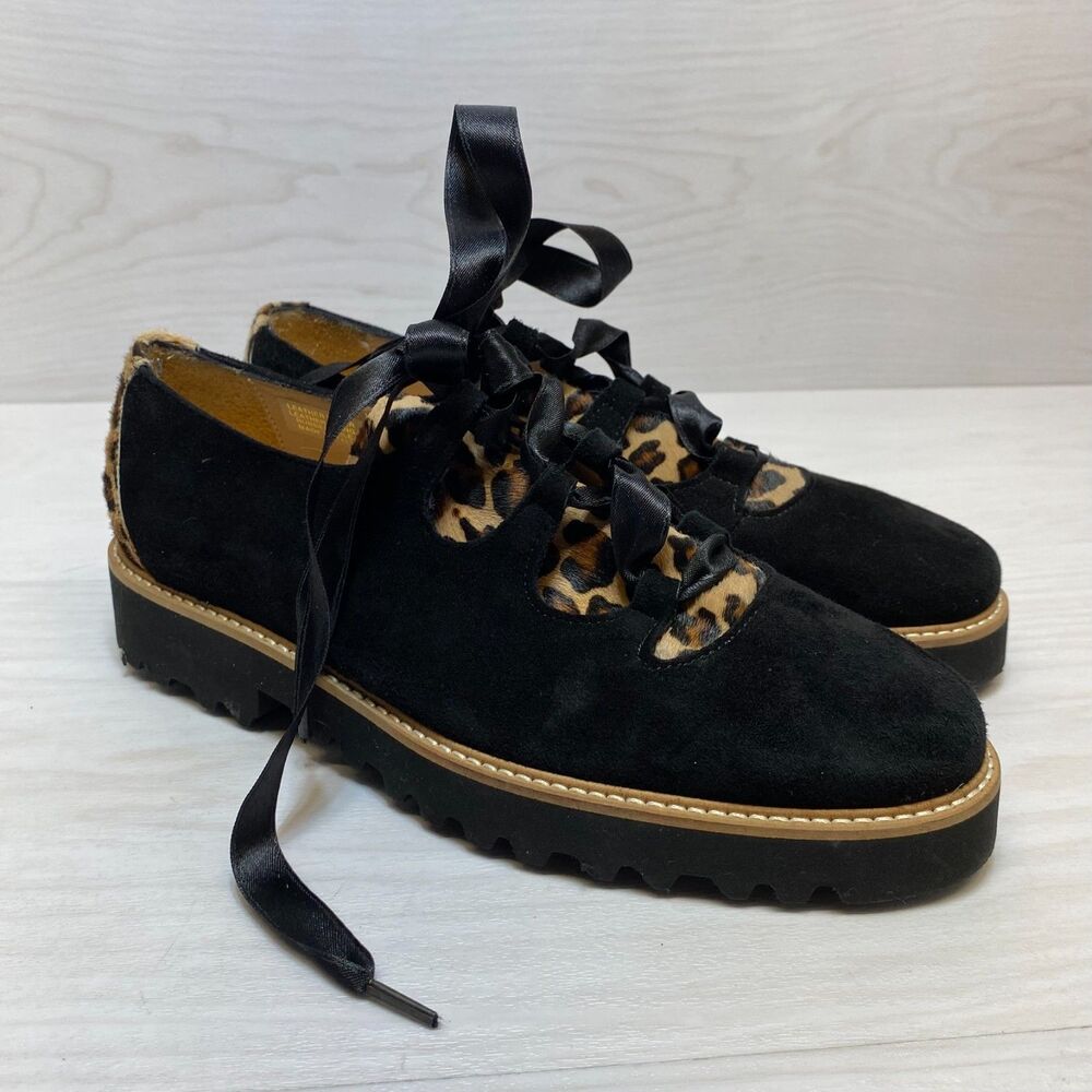 Ron White Platforms Loafers Womens Size 6.5 Black Suede Cheetah Calf Hair Vibram